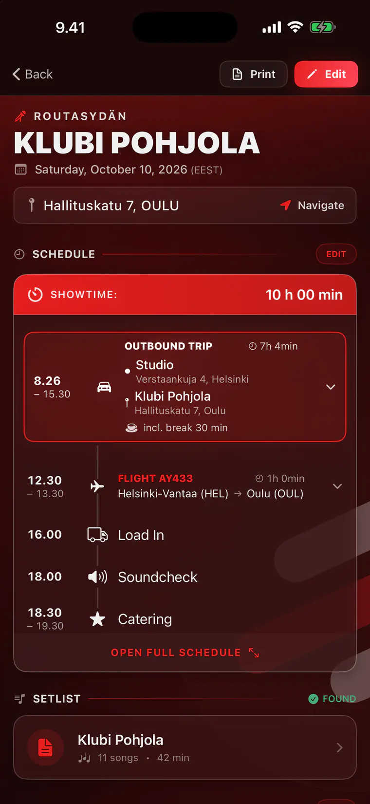 Gig schedule with travel