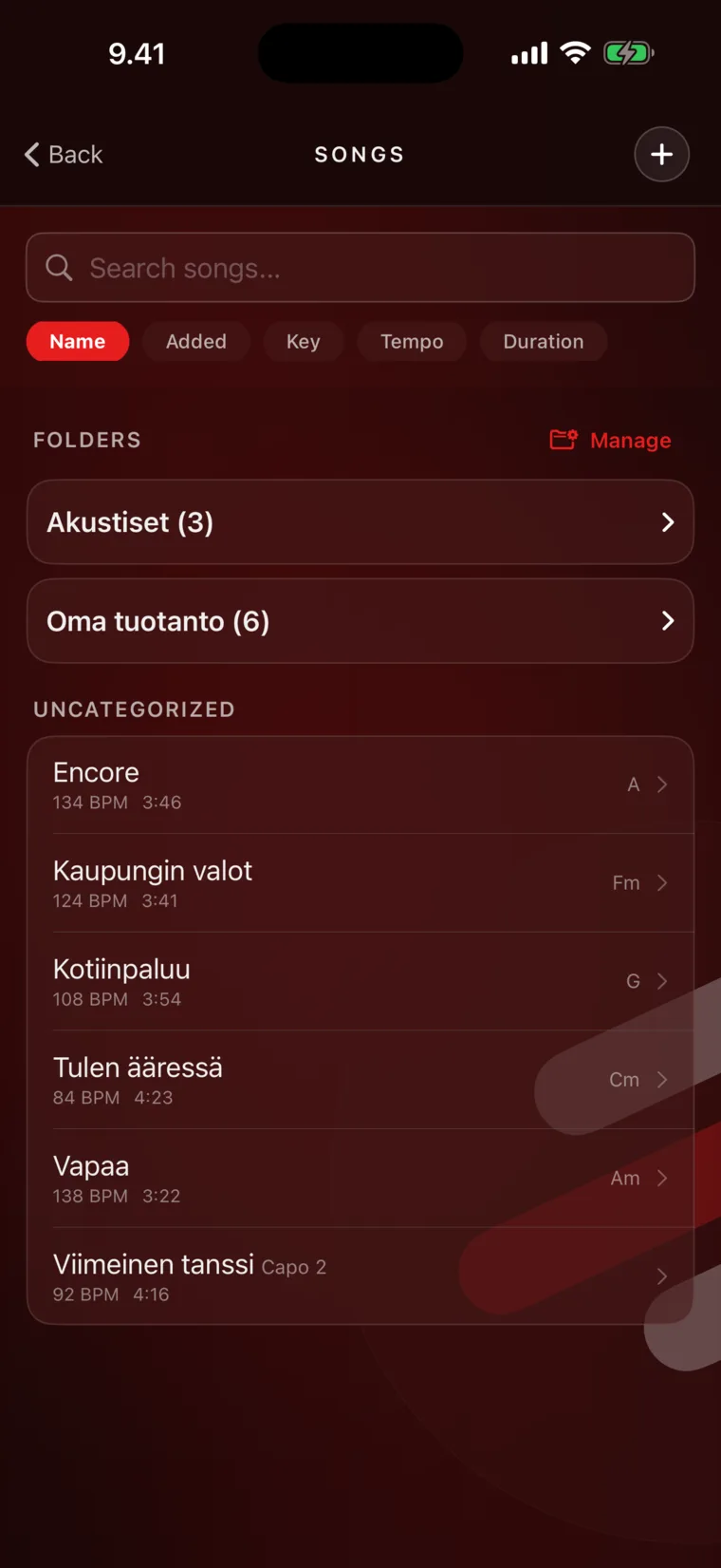 Song library with folders and keys