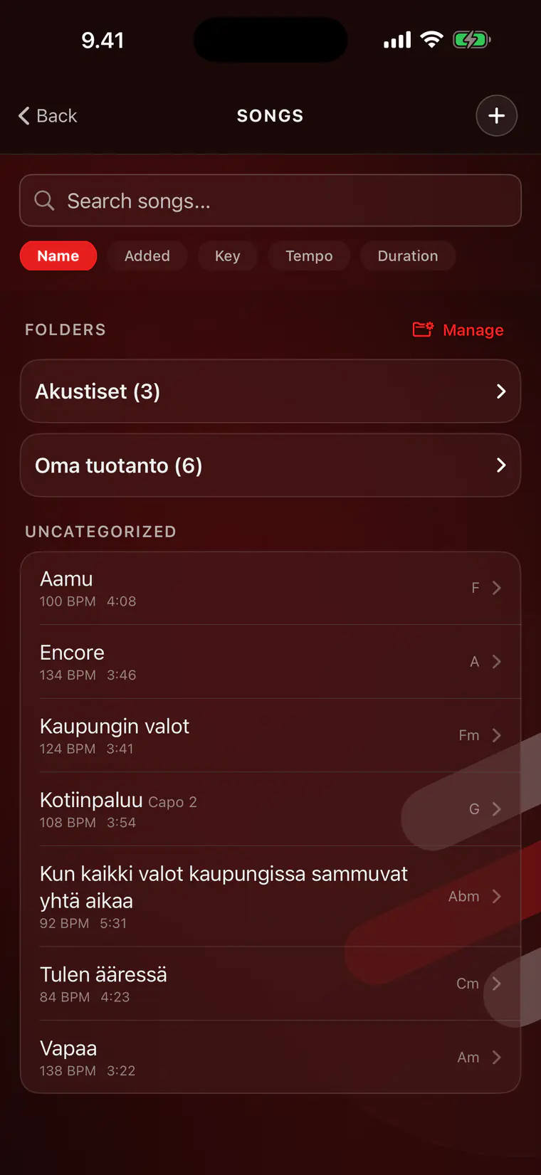 Song library with folders and keys